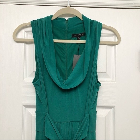 Halston Heritage Gown Column Maxi Dress Draped Cowl Neck Jersey Knit Green NWT S - Picture 3 of 8